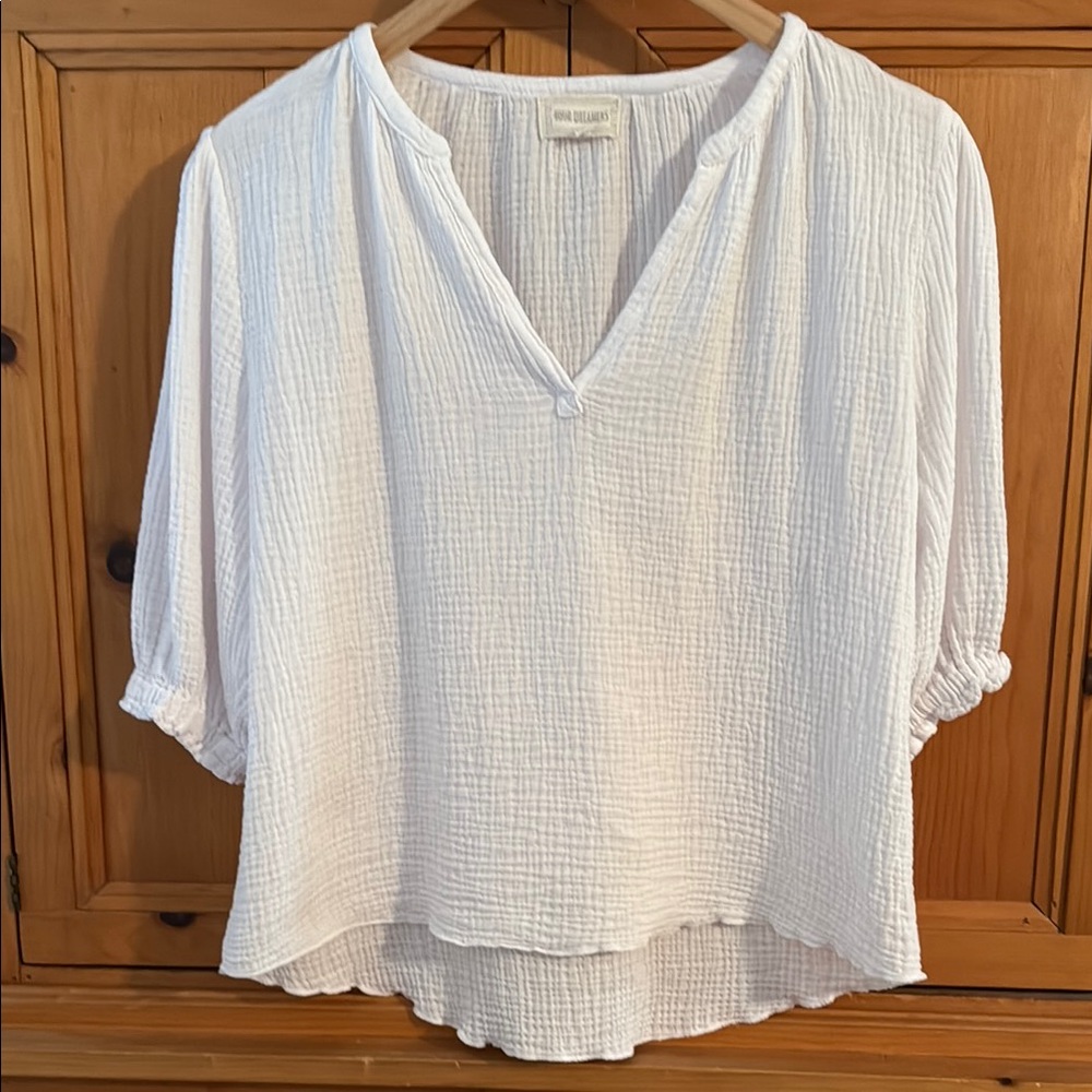 4OurDreamers 100% Cotton Gauze Elbow Puff Sleeve Devon Blouse, Small, White